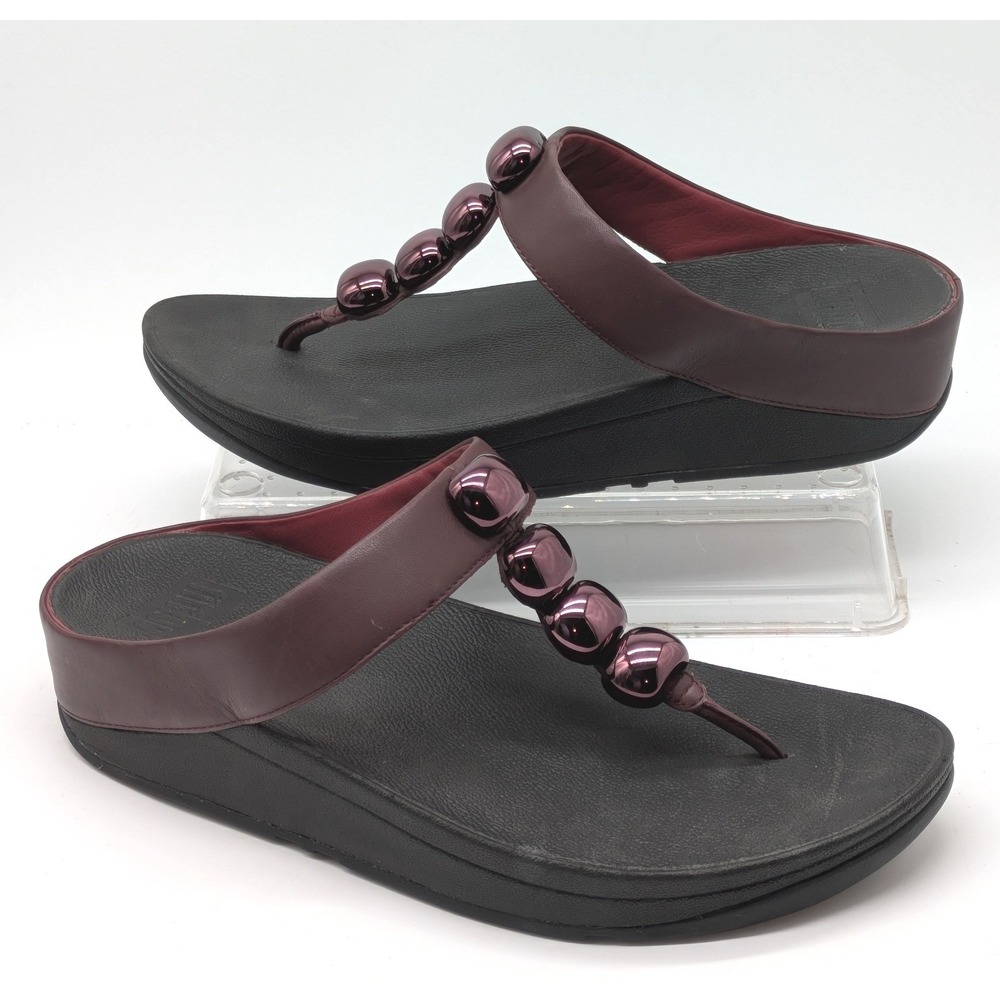 FitFlop Rola Women's Size 8 Hot Cherry Leather Thong Sandals Beaded Comfort